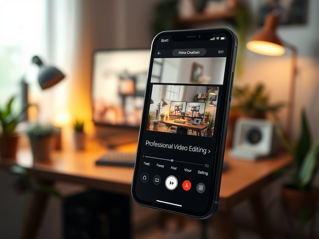 На изображении смартфон с экраном приложения для профессионального видеомонтажа на фоне рабочего стола.